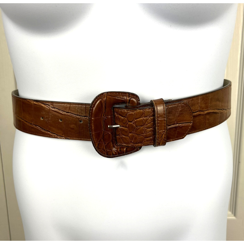 Vintage Karen Kane‎ Brown Leather Alligator Patterned Wide Belt M/L Large Buckle